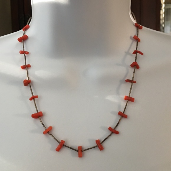 Vintage Jewelry - Navajo coral & sterling silver fetish necklace
